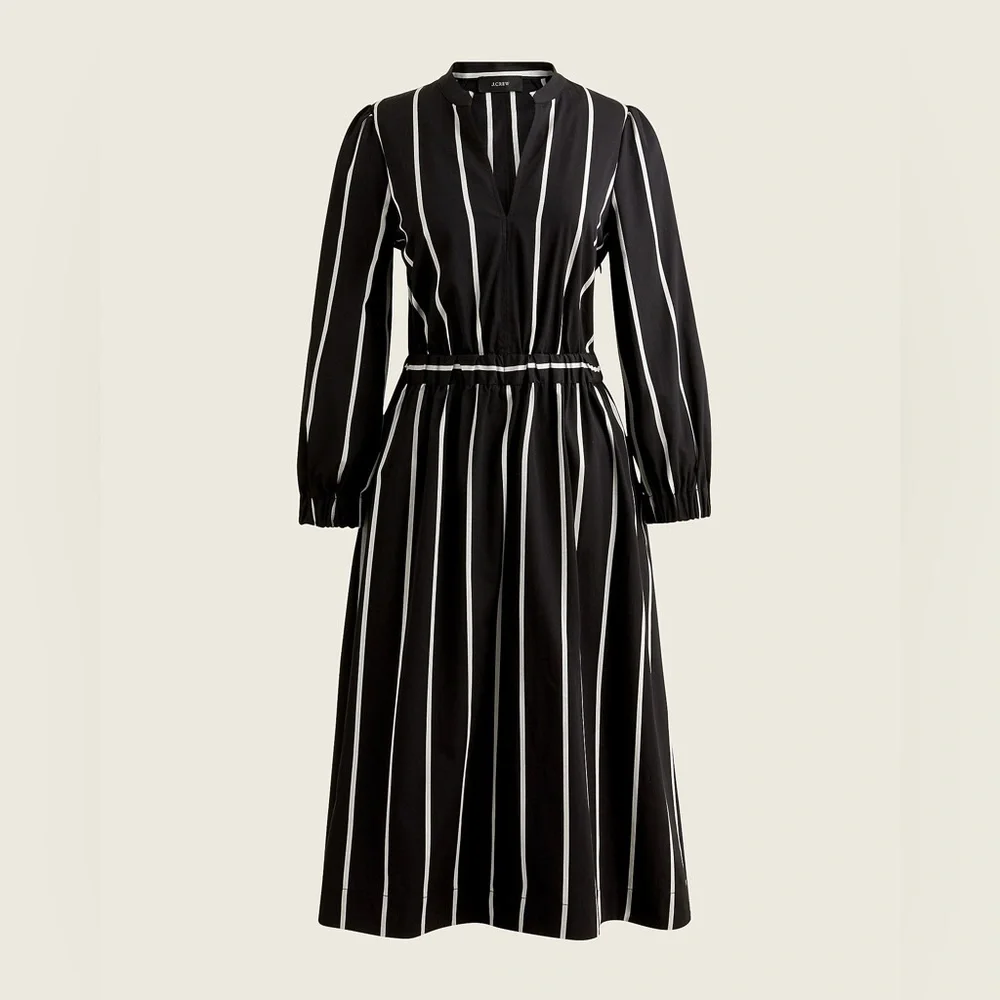 J. Crew Cinched-Waist Cotton Poplin Midi Dress Black & Ivory Stripe LG Worn 1x - Picture 1 of 13